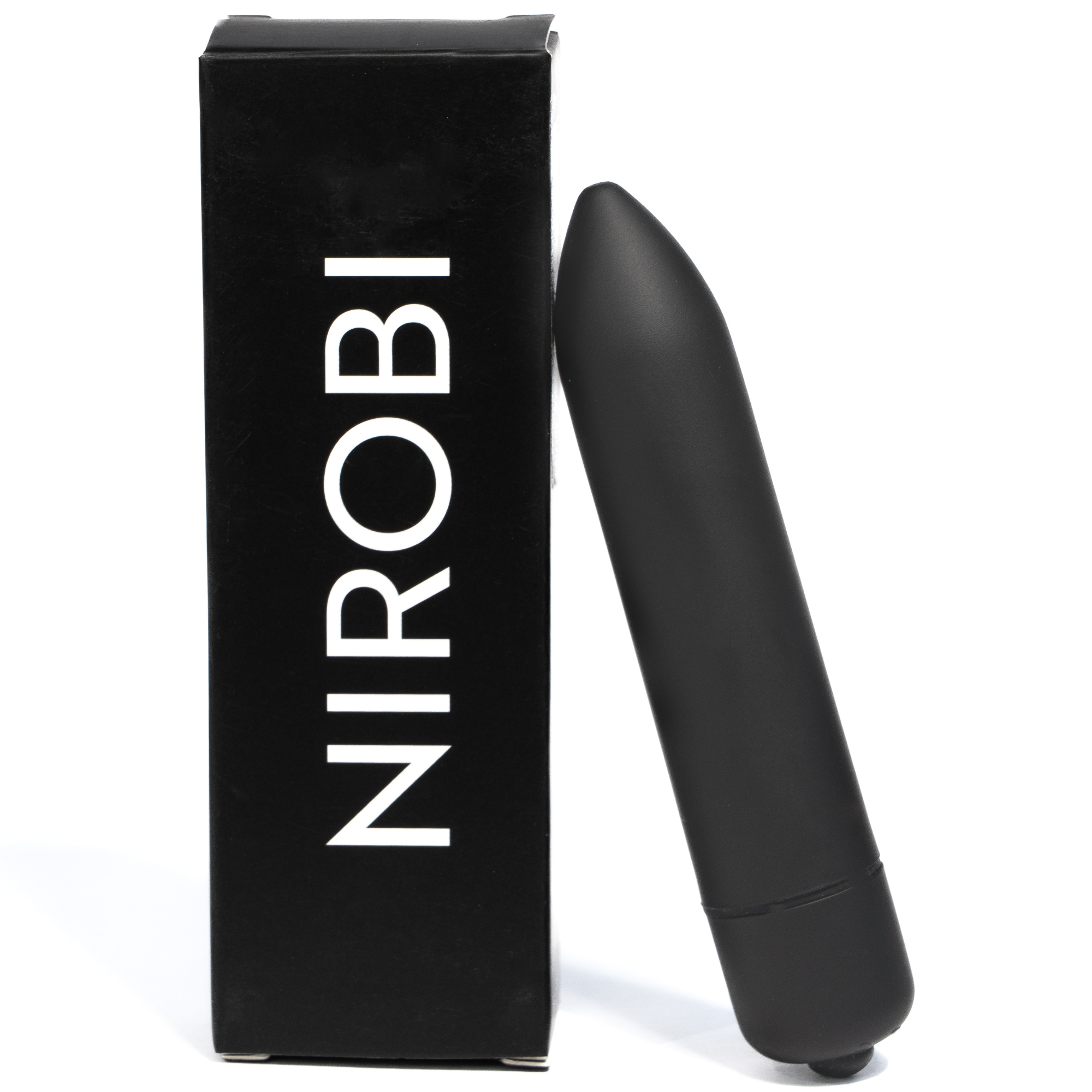 Matte black Nirobi bullet vibrator standing beside its black branded box on a white background.
