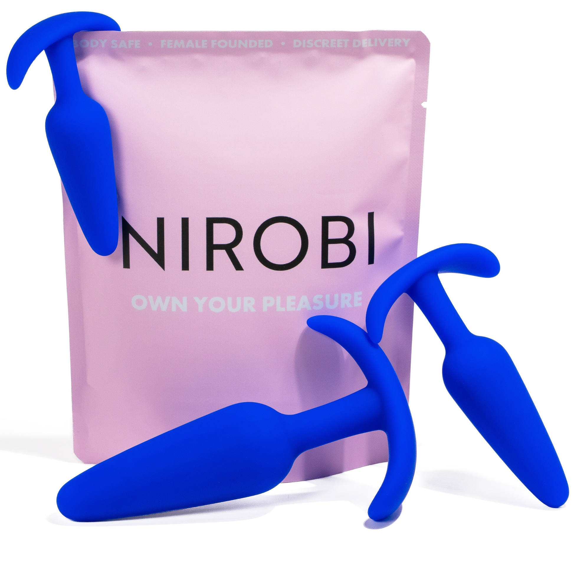 Three blue silicone butt plug trainers in progressive sizes displayed with a pink Nirobi storage pouch.