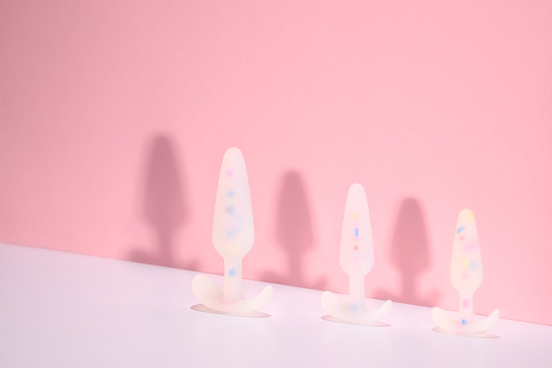 Confetti butt plugs for anal stretching. 