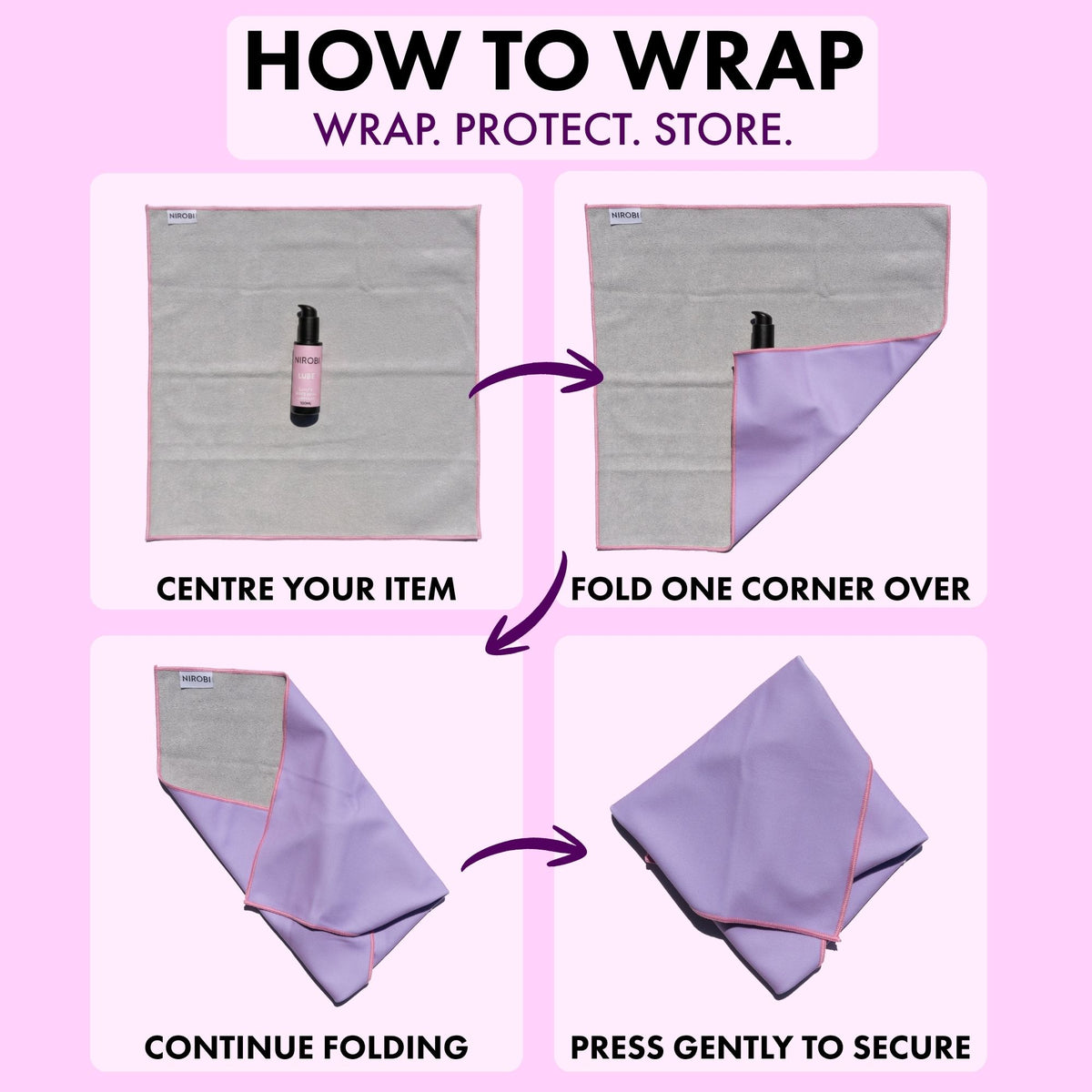 Four-step guide showing how to fold an intimacy wrap around a personal product for secure, discreet storage.