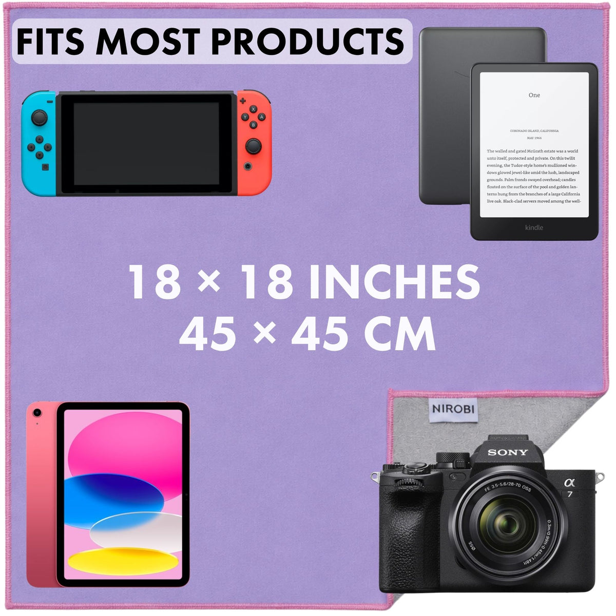 Large 18-inch sex toy storage wrap shown fitting a handheld console, e-reader, tablet and camera to demonstrate its versatile size.