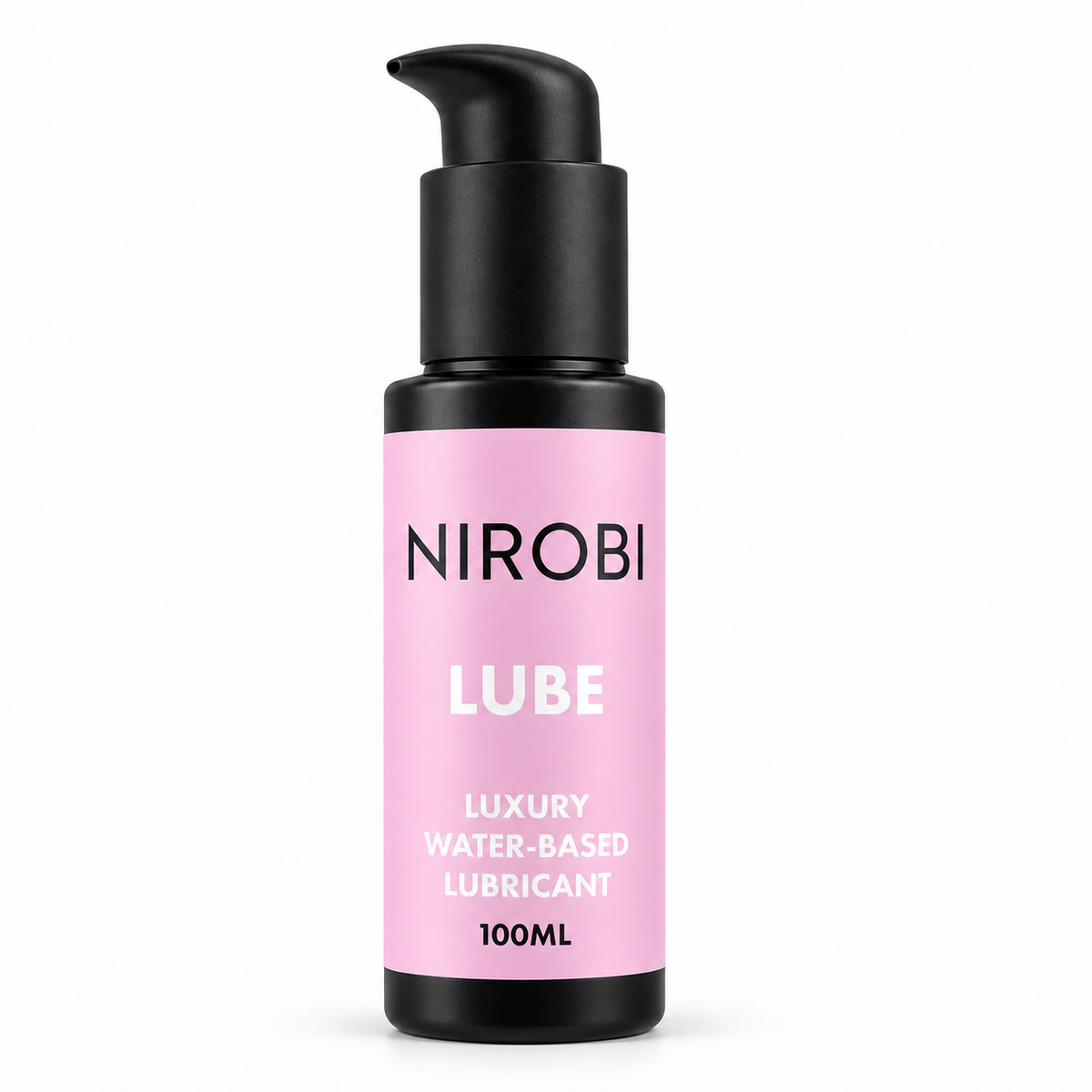A 100ml bottle of Nirobi Lube luxury water-based lubricant, featuring a black pump dispenser and a light pink label with black and white text, set against a plain white background.