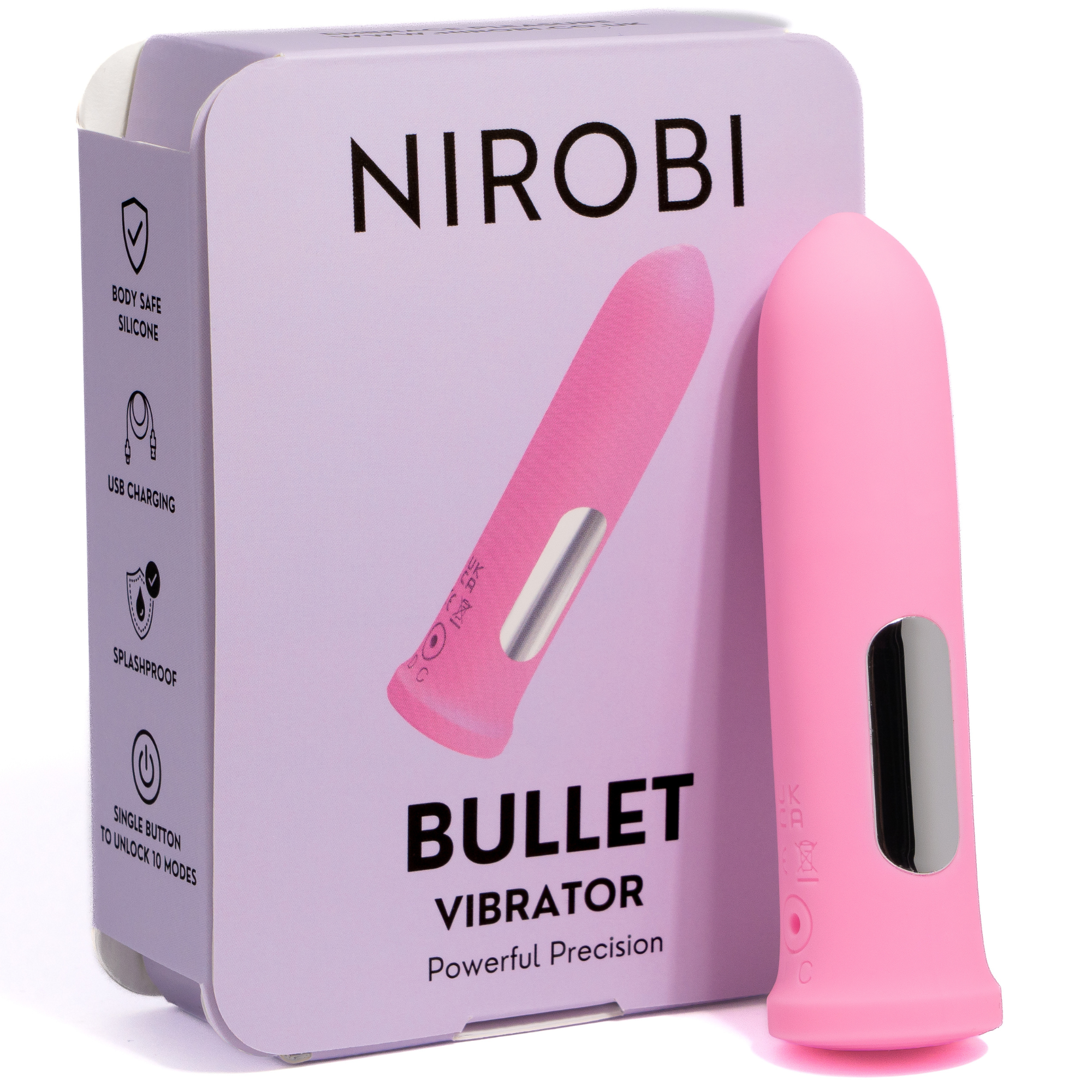 compact USB rechargeable mini bullet vibrator by Nirobi in discreet packaging. 