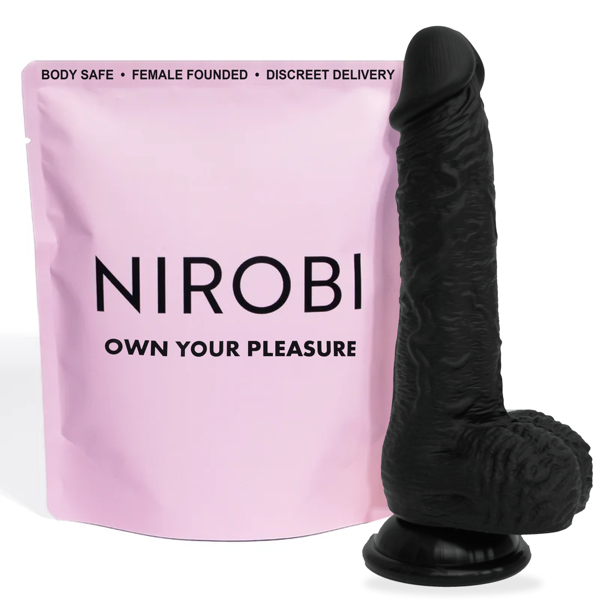 Black Nirobi dildo with suction base beside a pink pouch featuring black lettering on a white background.