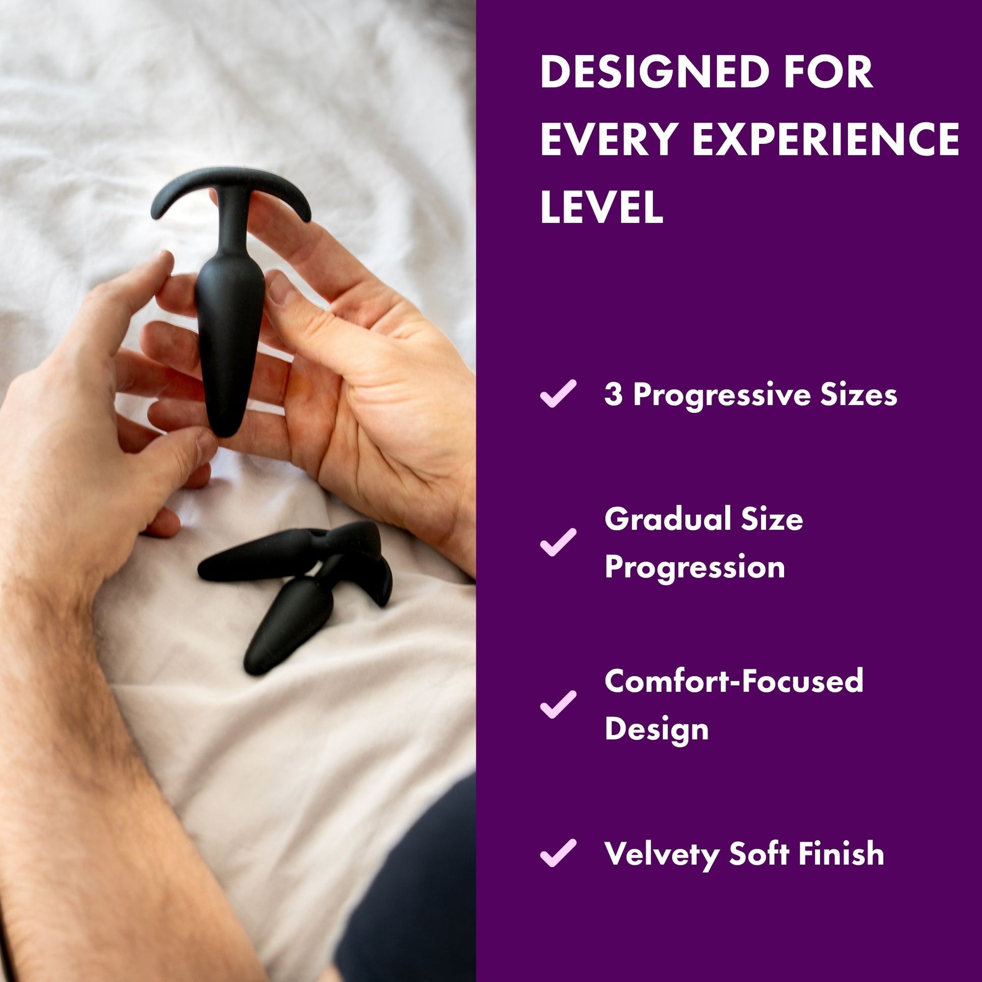 Black silicone butt plug trainer set held on a bed beside a purple feature panel highlighting three progressive sizes, comfort-focused design and a velvety soft finish.