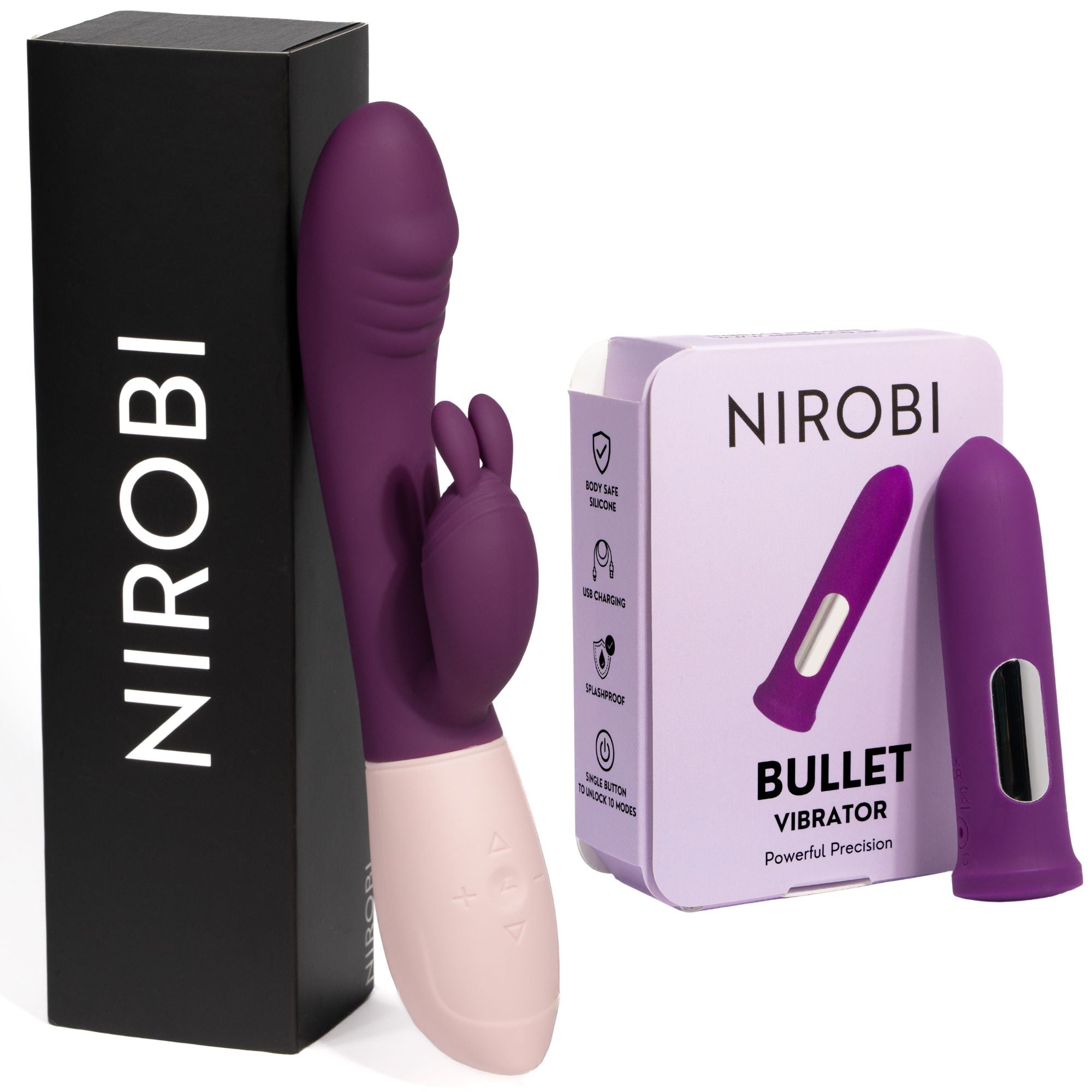 Purple Nirobi rabbit vibrator and bullet vibrator with retail packaging on a white background.