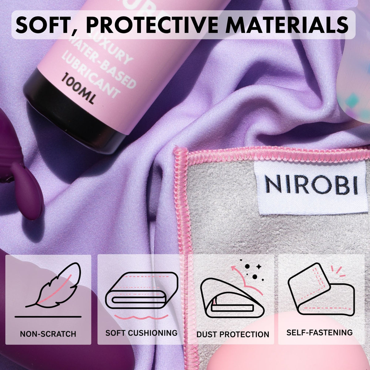 Close-up of a rabbit vibrator case with soft grey cushioning, non-scratch lining, dust protection and self-fastening material.