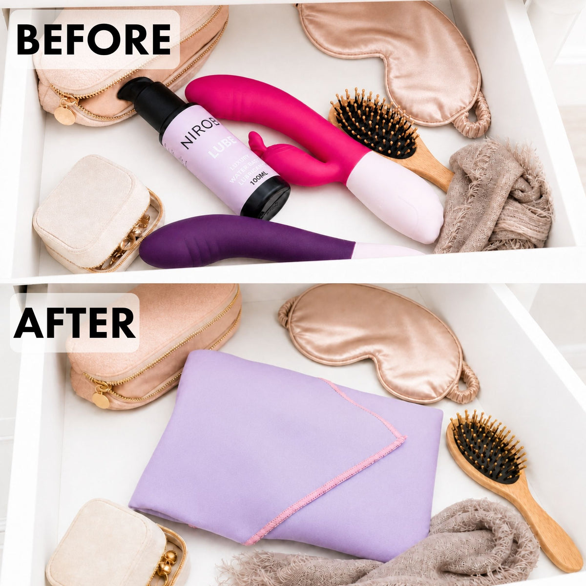 Before and after view of intimate products organised inside a lavender sex toy storage wrap in a bedroom drawer.