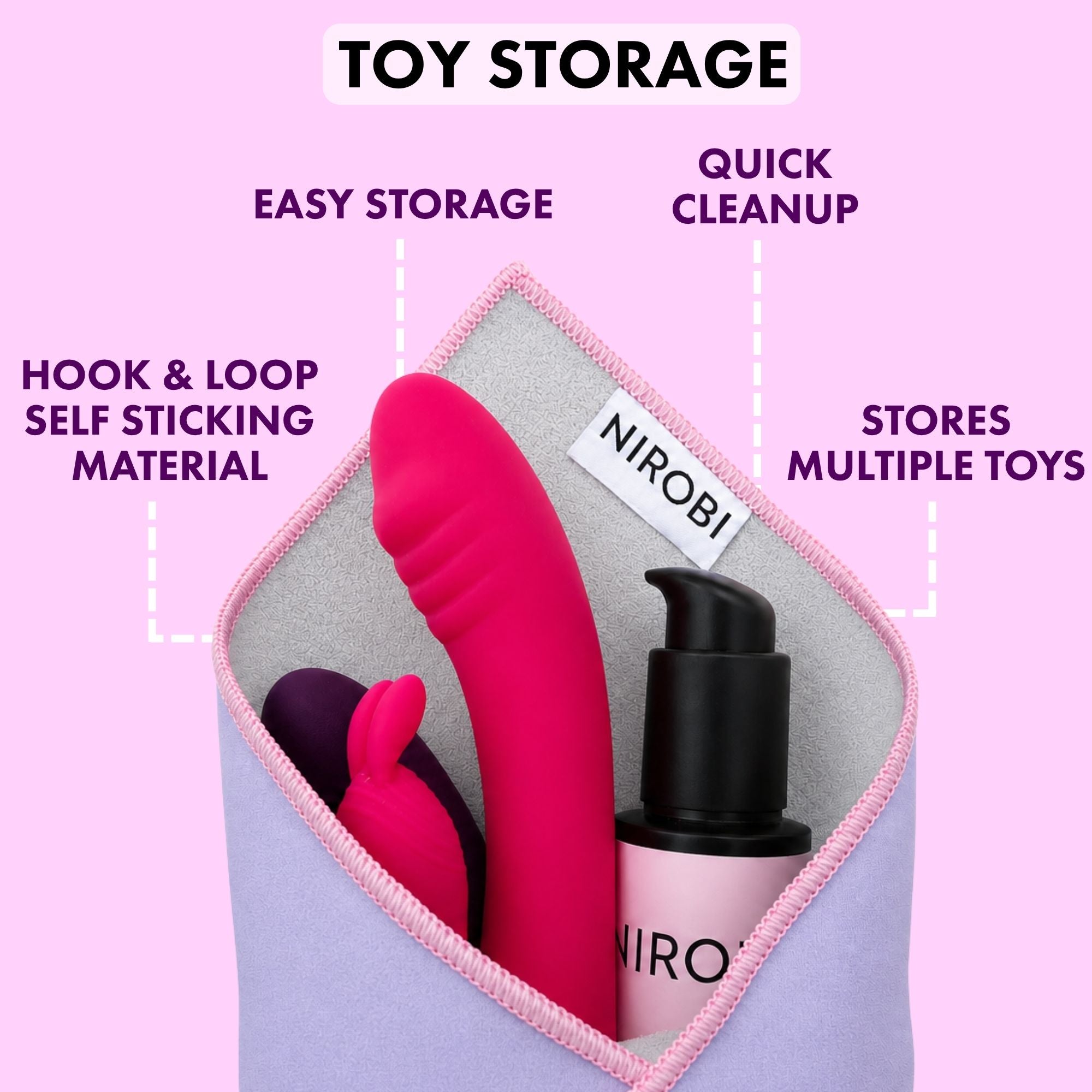 Lavender sex toy storage wrap holding a rabbit vibrator, smaller intimate toys and a lubricant bottle.