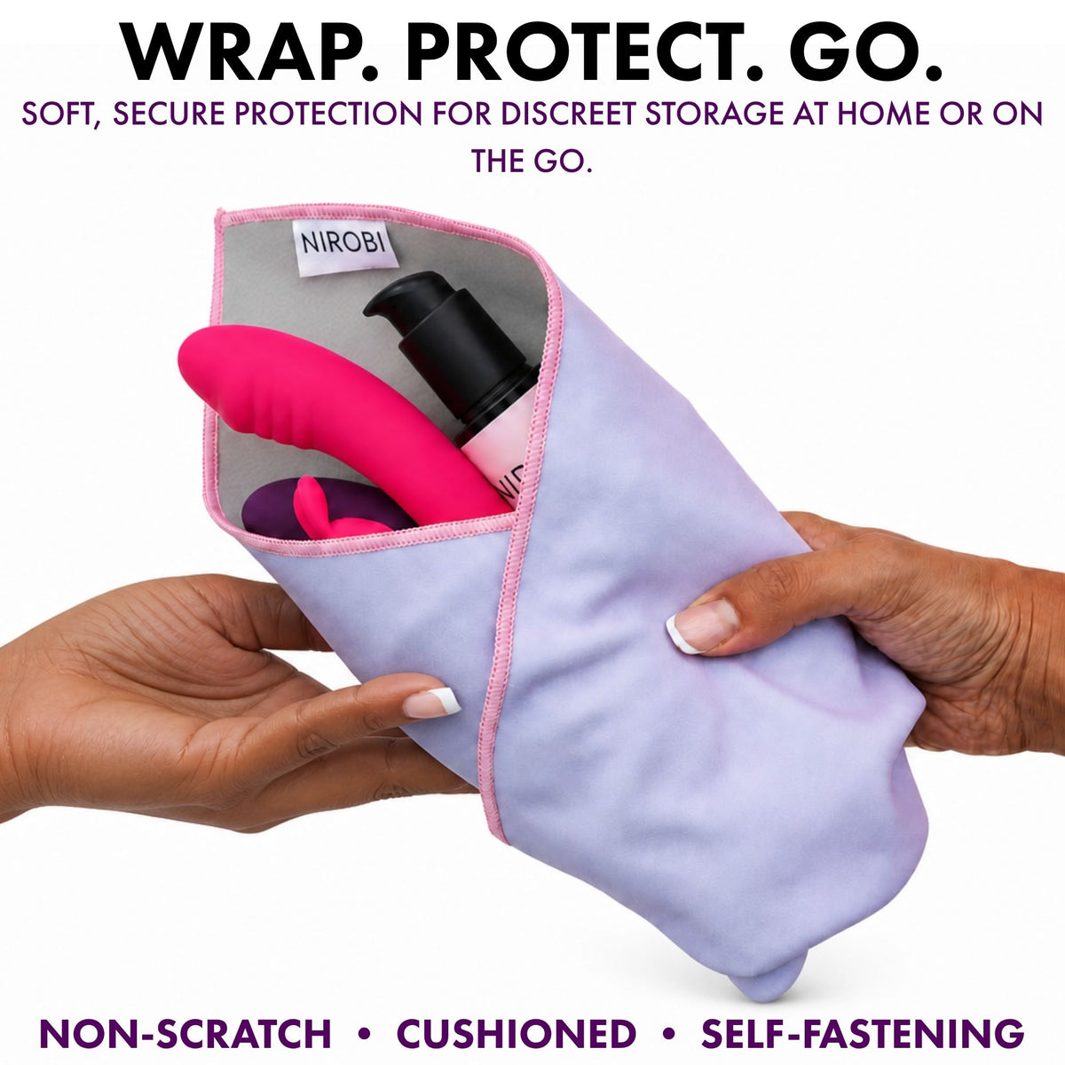Lavender sex toy travel case being passed between two hands, holding a rabbit vibrator and lubricant for discreet storage.